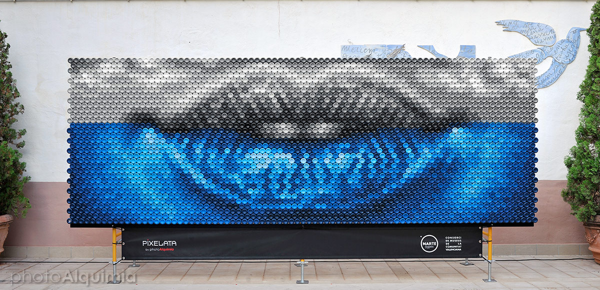 Pixelata, Mural realizado con latas recicladas para MARTE, Feria Internacional de Arte Contemporáneo de Castelló 2020